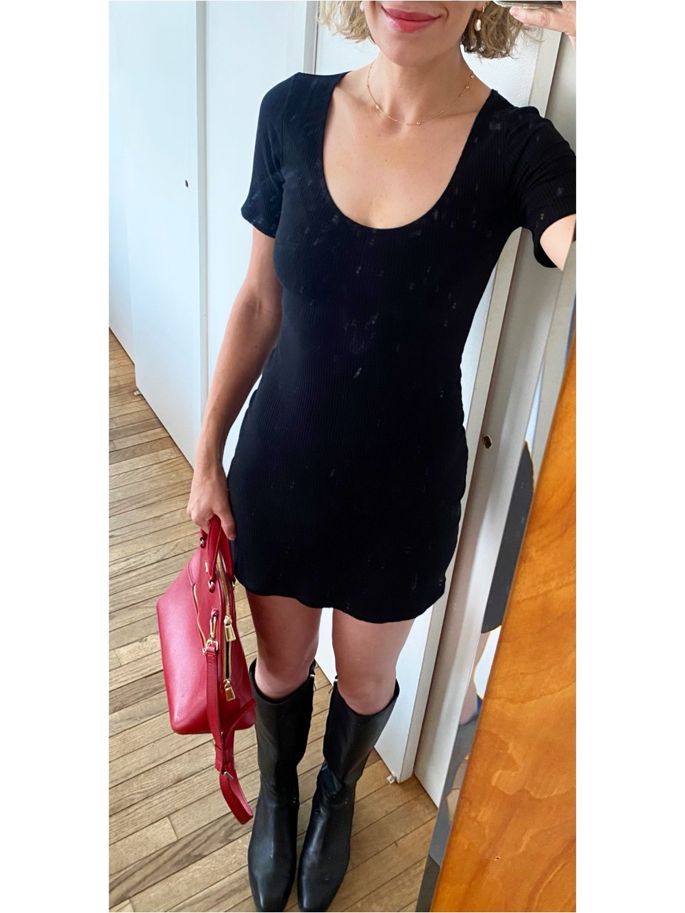 Reformation Ribbed Knit Black Short-Sleeve Scoop Neck Mini Dress